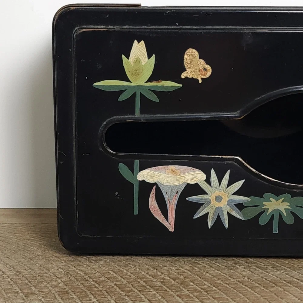Vintage Decorative Tissue Box Cover Metal Tole Ware Hand Painted Floral Hanging